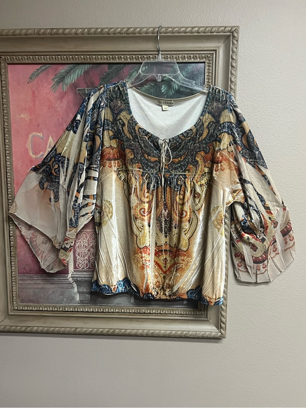 One World Live and Let Live Velvet Paisley Boho Blouse - Gold Multi